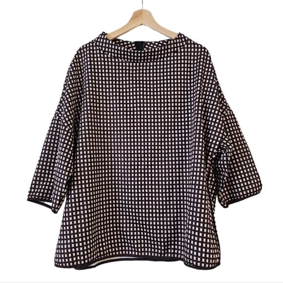 FHQ Collection Half Turtleneck 3/4 Sleeve Drop Shoulder Brown Checked Tunic XL - Picture 1 of 10